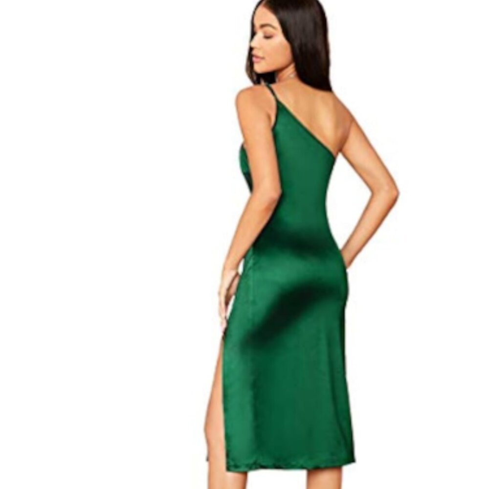 Elegant One Shoulder Sleeveless Split Hem Satin Party Cocktail Midi Dress Green - Picture 4 of 13